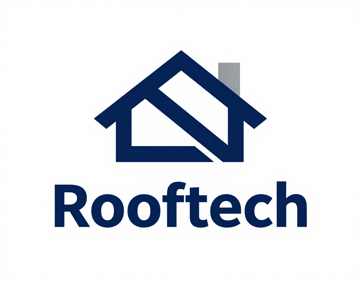 Logotipo de Rooftech con icono de tejado de casa azul marino y texto sobre fondo blanco.