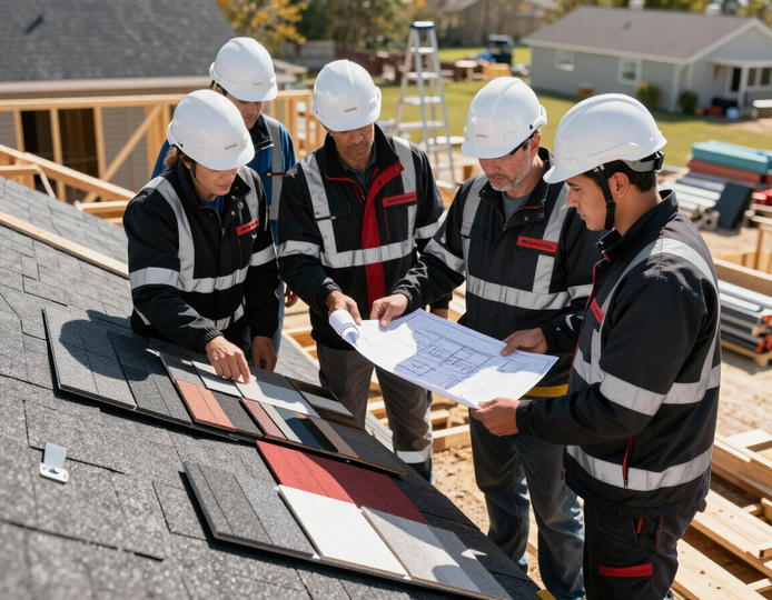 Obreros de la construcción inspeccionan los planos del tejado de una casa en una obra.