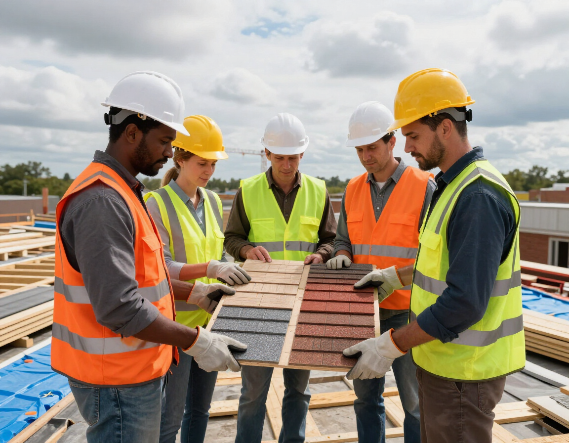 Obreros de la construcción con cascos examinando tejas en una obra.