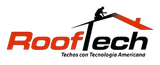 Logotipo de Rooftech en rojo y negro con la silueta de un techador sobre un tejado y el eslogan