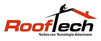 Logotipo de Rooftech en rojo y negro con la silueta de un techador sobre un tejado y el eslogan