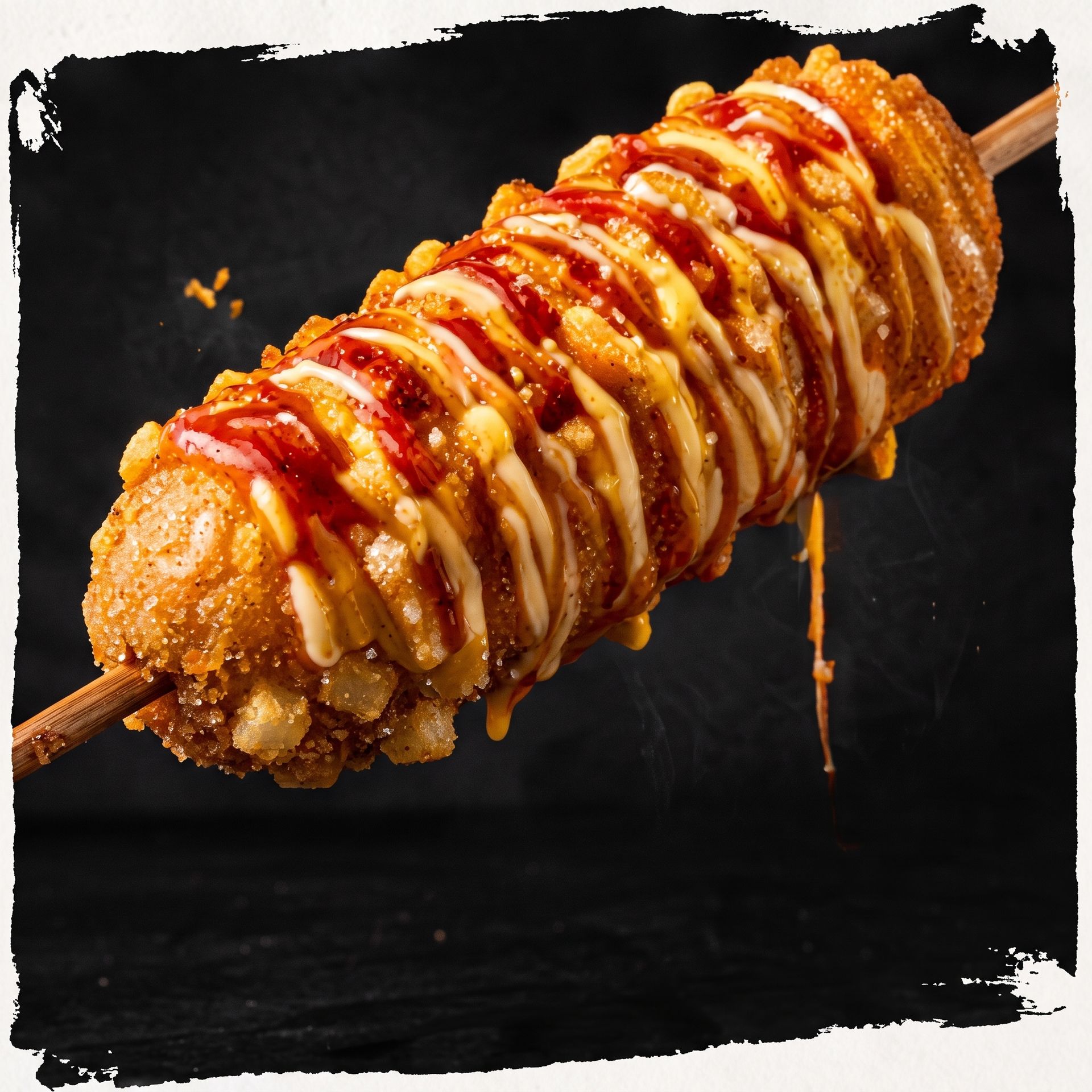 Golden fried corn dog drizzled with ketchup and mustard on a skewer against a dark background