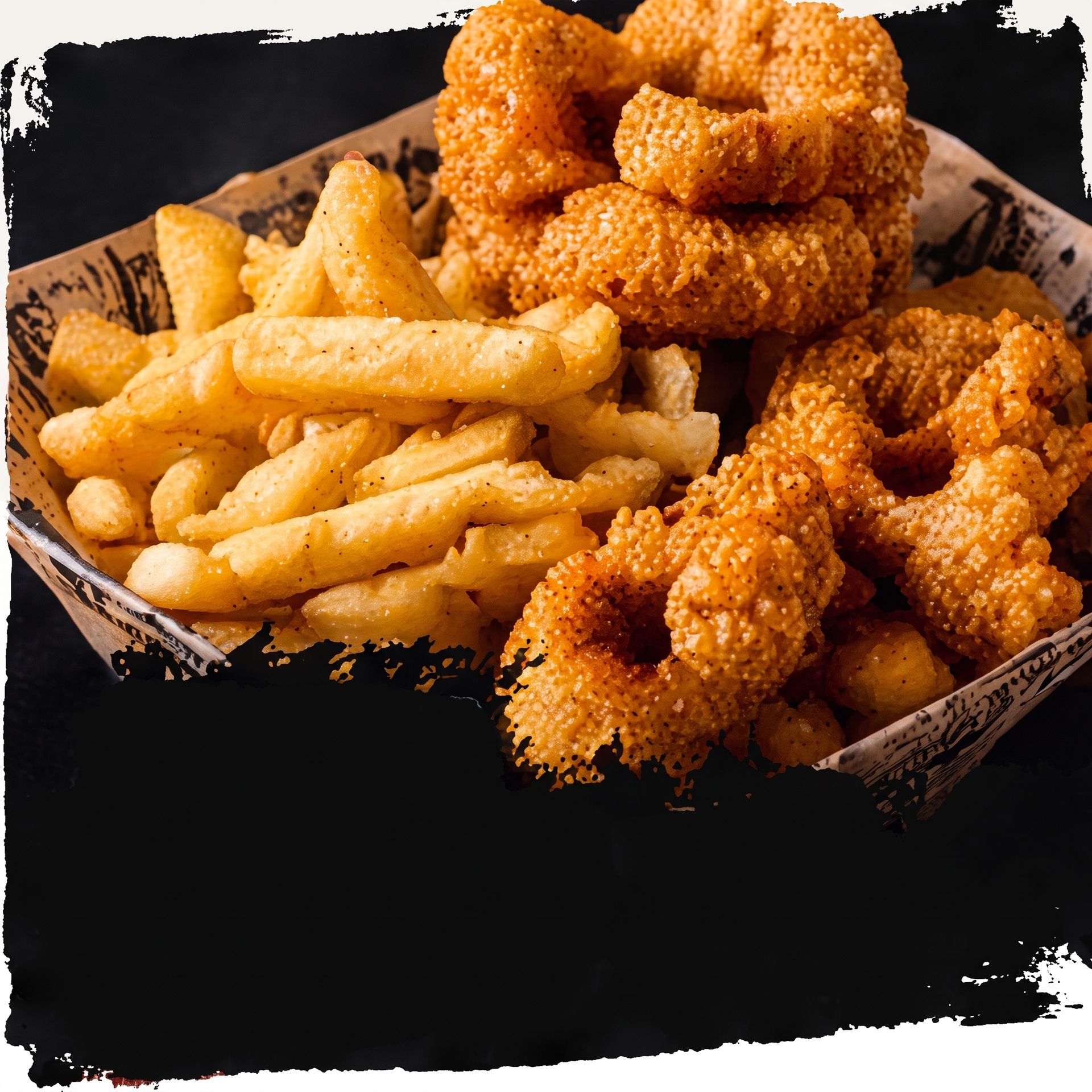 Assorted fried snacks with French fries in a paper tray on a dark background