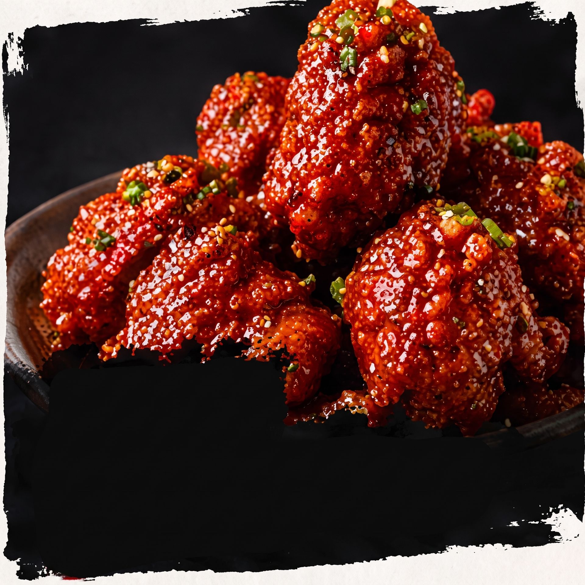 Spicy glazed chicken wings piled on a black plate with green garnish