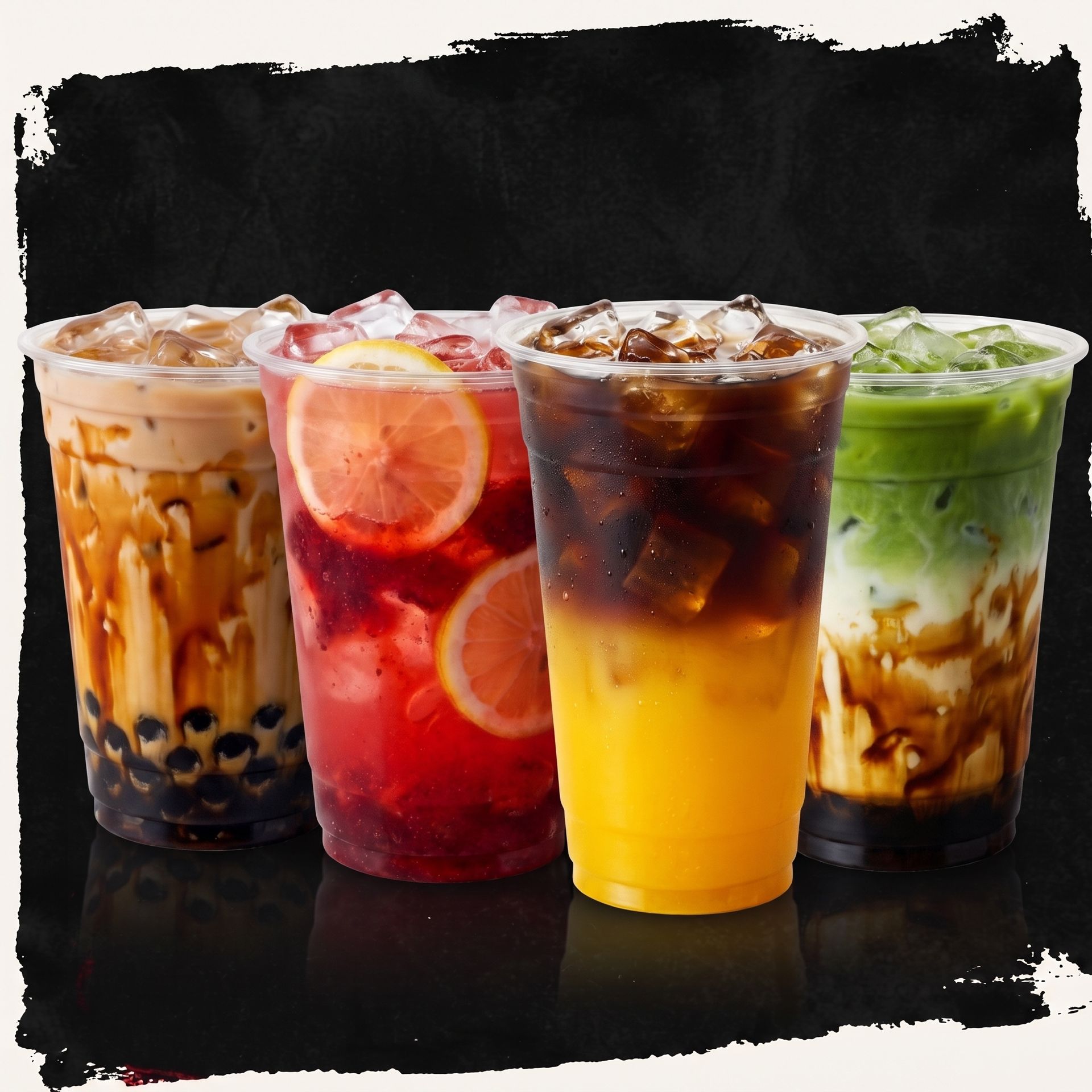 Two fizzy drinks in plastic cups: dark cola with ice and a pink strawberry soda with foam