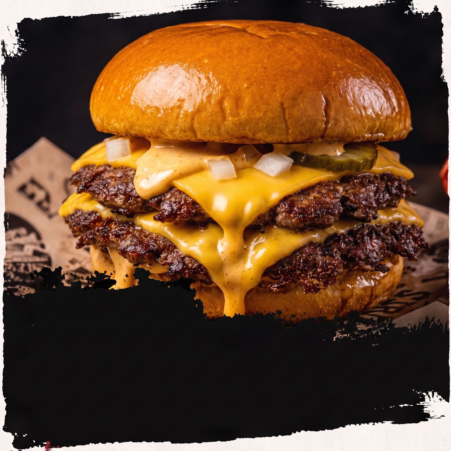 Close-up cheeseburger with melted cheese and glossy bun on a dark background
