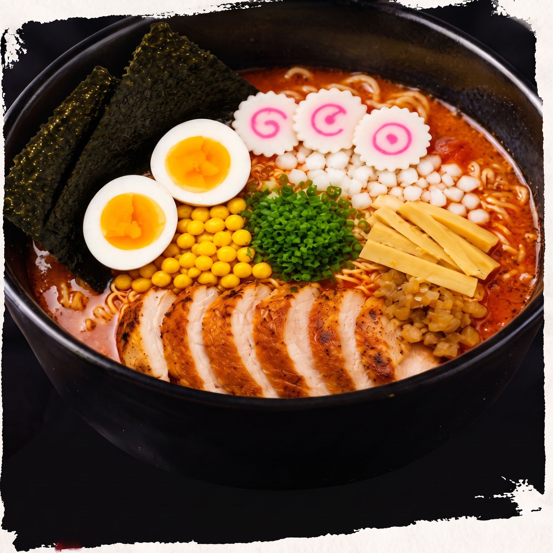 Ramen bowl with sliced pork, soft-boiled eggs, corn, greens, and pink fish cake in dark broth
