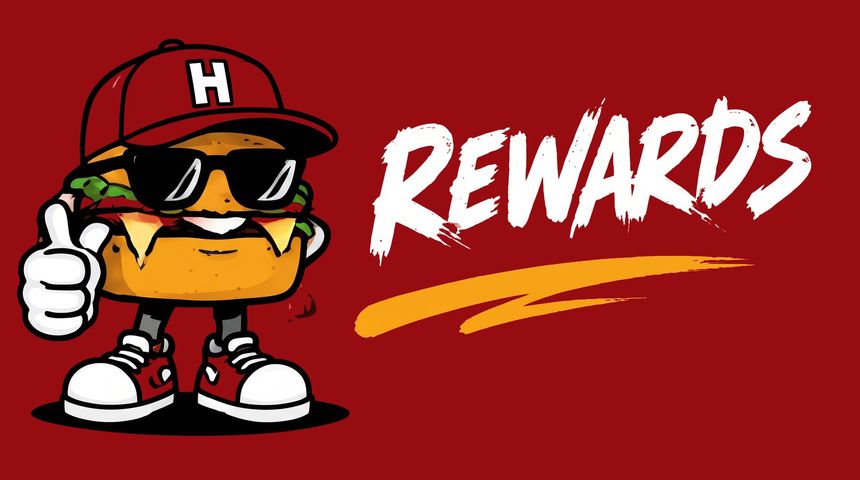 Mascot holding a thumbs-up beside the word “Rewards” on a red background