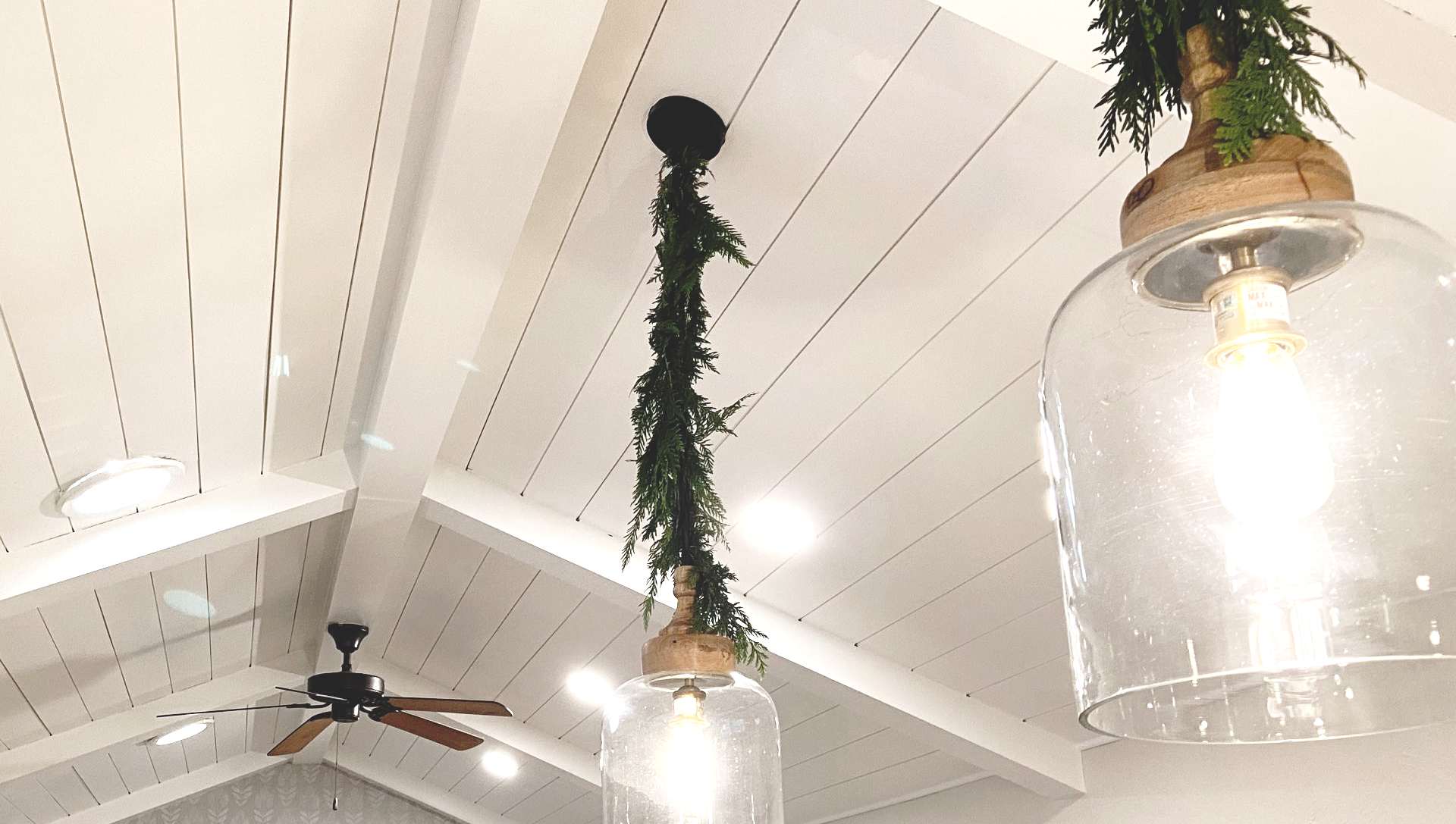 Real cedar garland on pendant lights
