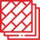 A red icon of a stack of tiles on a white background.