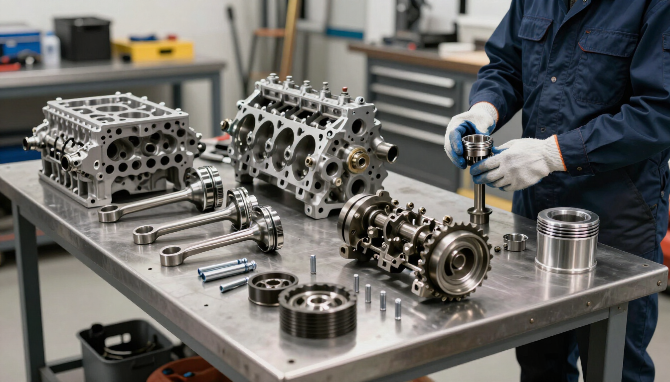 Un mecánico montando piezas de motor sobre un banco de trabajo de acero inoxidable en un taller