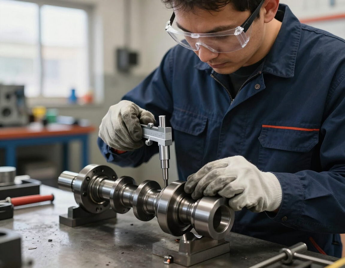 Un técnico mide un cigüeñal metálico con un calibrador en un taller
