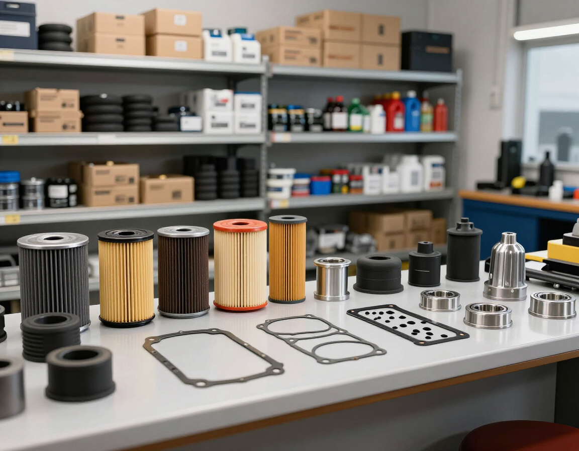 Varios filtros, juntas y piezas metálicas para automóviles dispuestos sobre una mesa de taller, con estanterías al fondo
