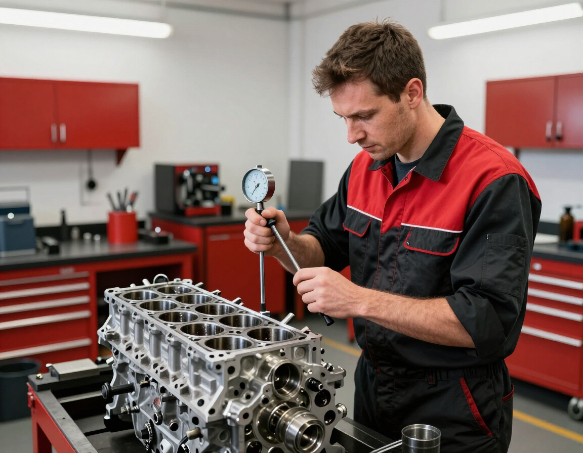 Un mecánico con ropa de trabajo roja y negra montando un motor en un taller con armarios rojos para herramientas