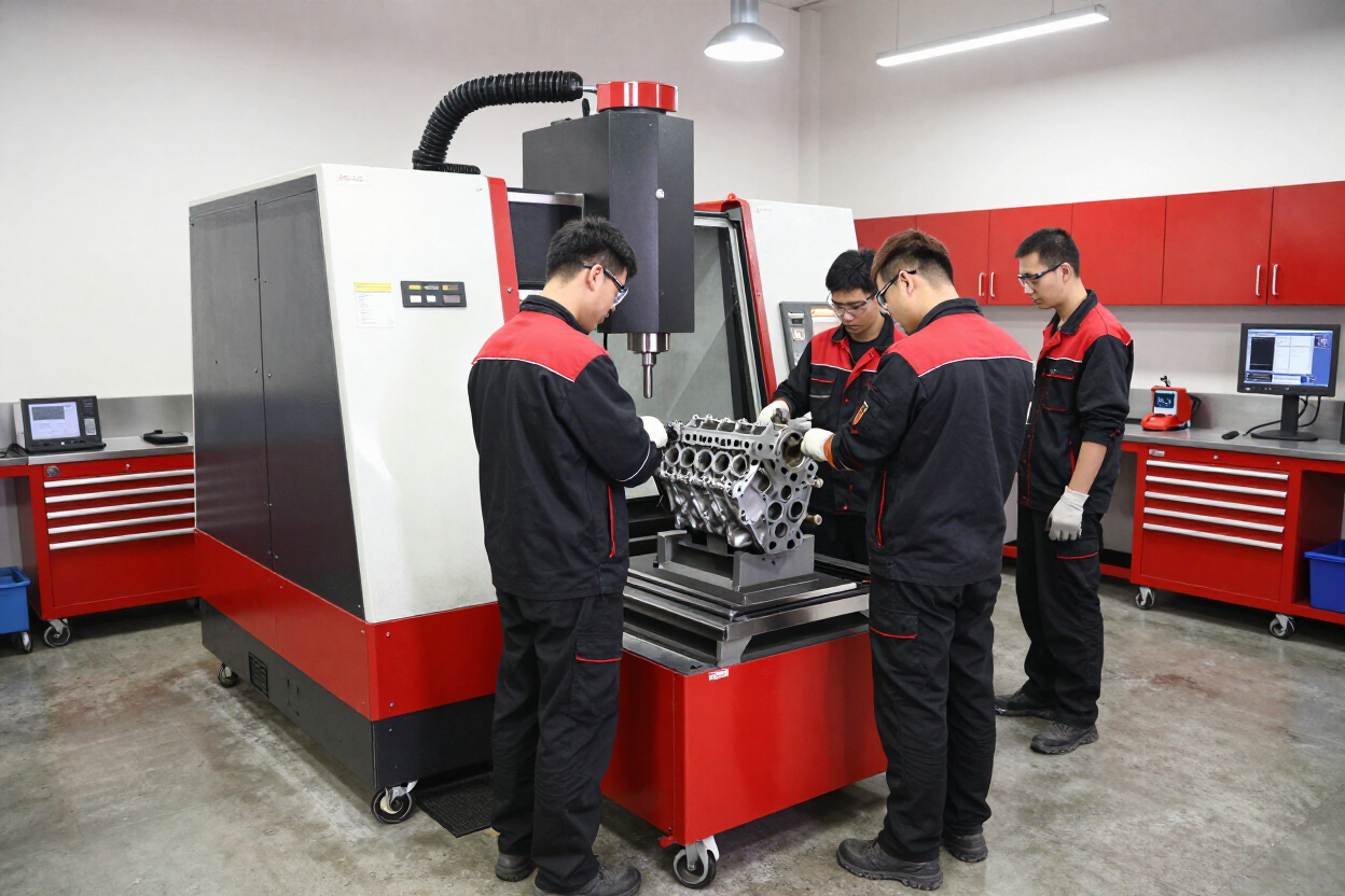 Técnicos inspeccionando una máquina CNC en un taller industrial rojo y gris