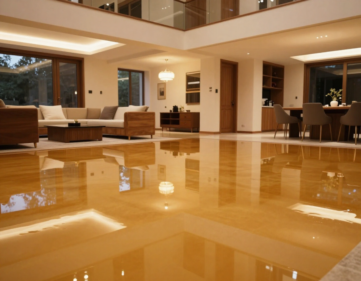 Full room epoxy floor coating in modern interior