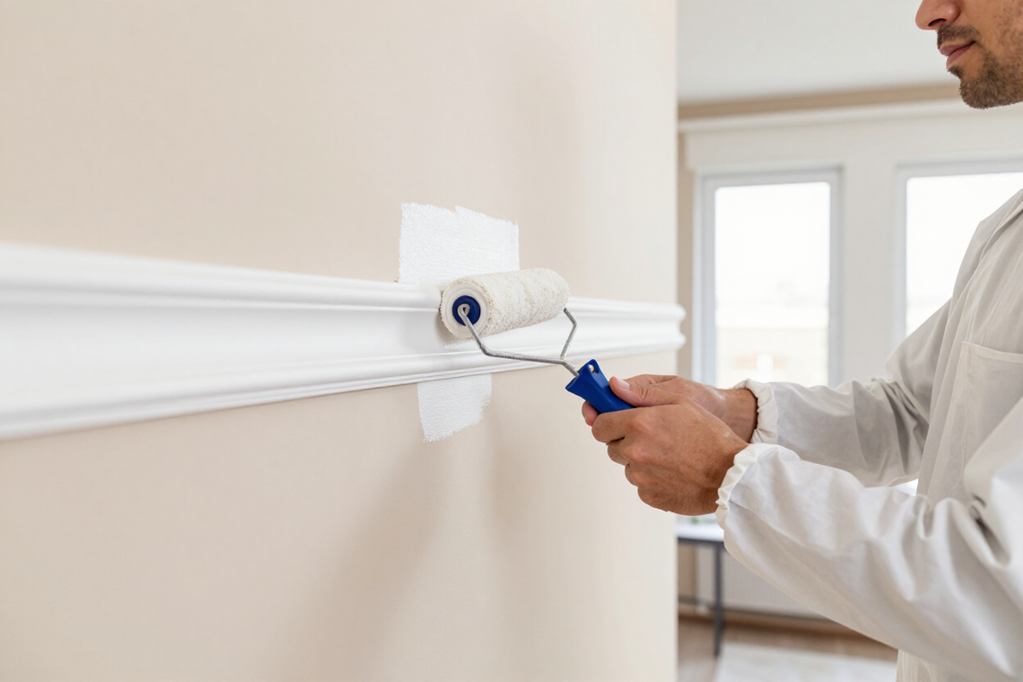Painter applying smooth coat to interior wall