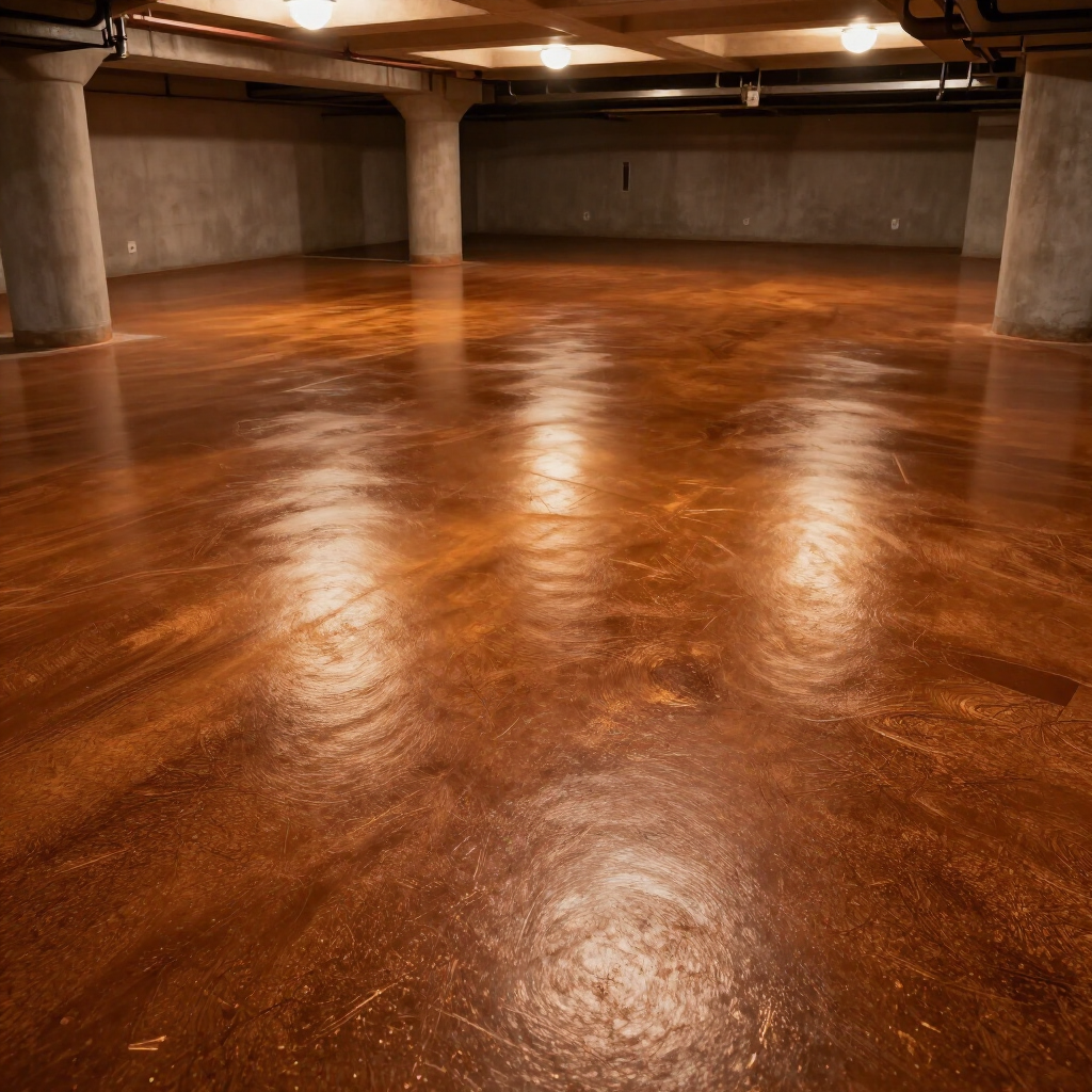 Interior basement epoxy floor with smooth metallic finish