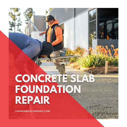 Workers repairing concrete slab foundation outside a building, with bold red text overlay.