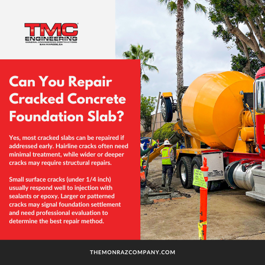 TMC concrete repair ad with orange mixer truck, cracked slab, and text asking “Can You Repair Cracked Concrete Foundation Slab?”