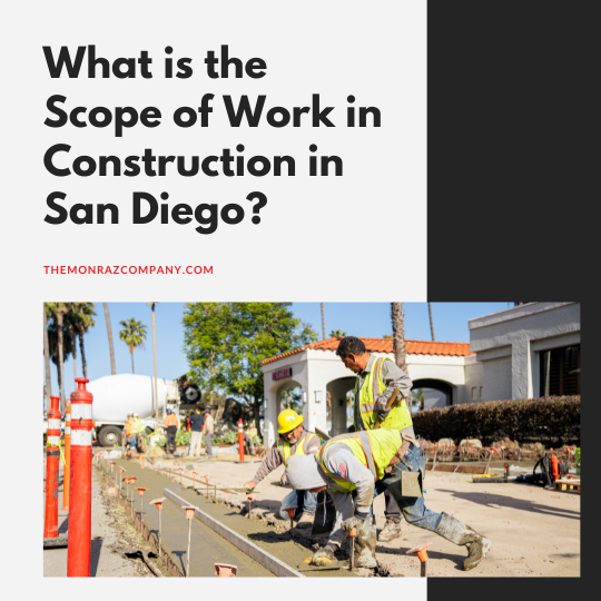 Construction workers pouring concrete on a San Diego street, with headline text about scope of work.