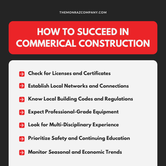 Infographic titled “How to Succeed in Commercial Construction” with a six-item checklist on a gray background