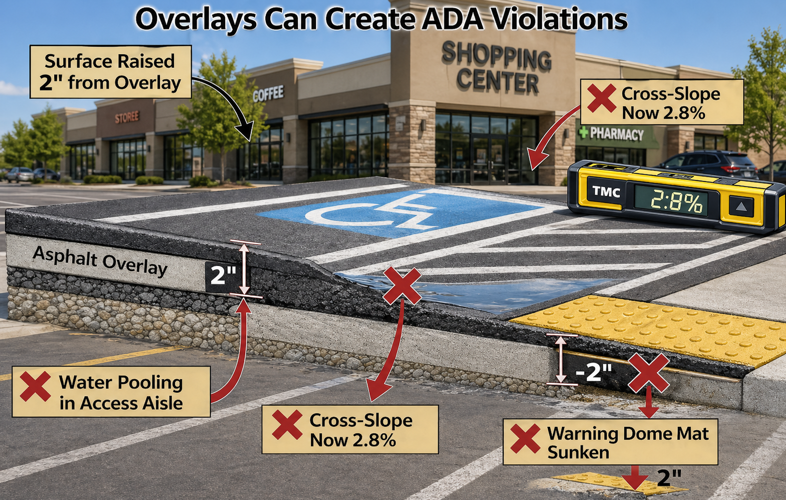 Annotated parking lot showing multiple accessibility violations with red X markers and labels.
