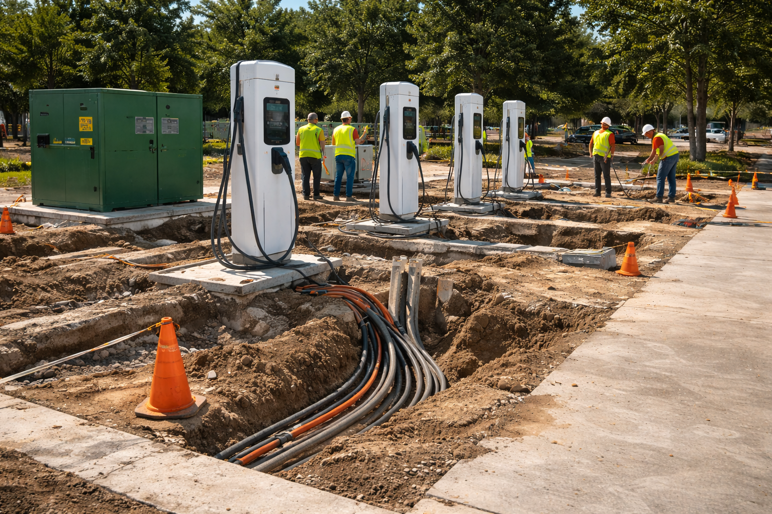 EV charging station installation at a roadside construction site with workers, orange cones, and exposed cables