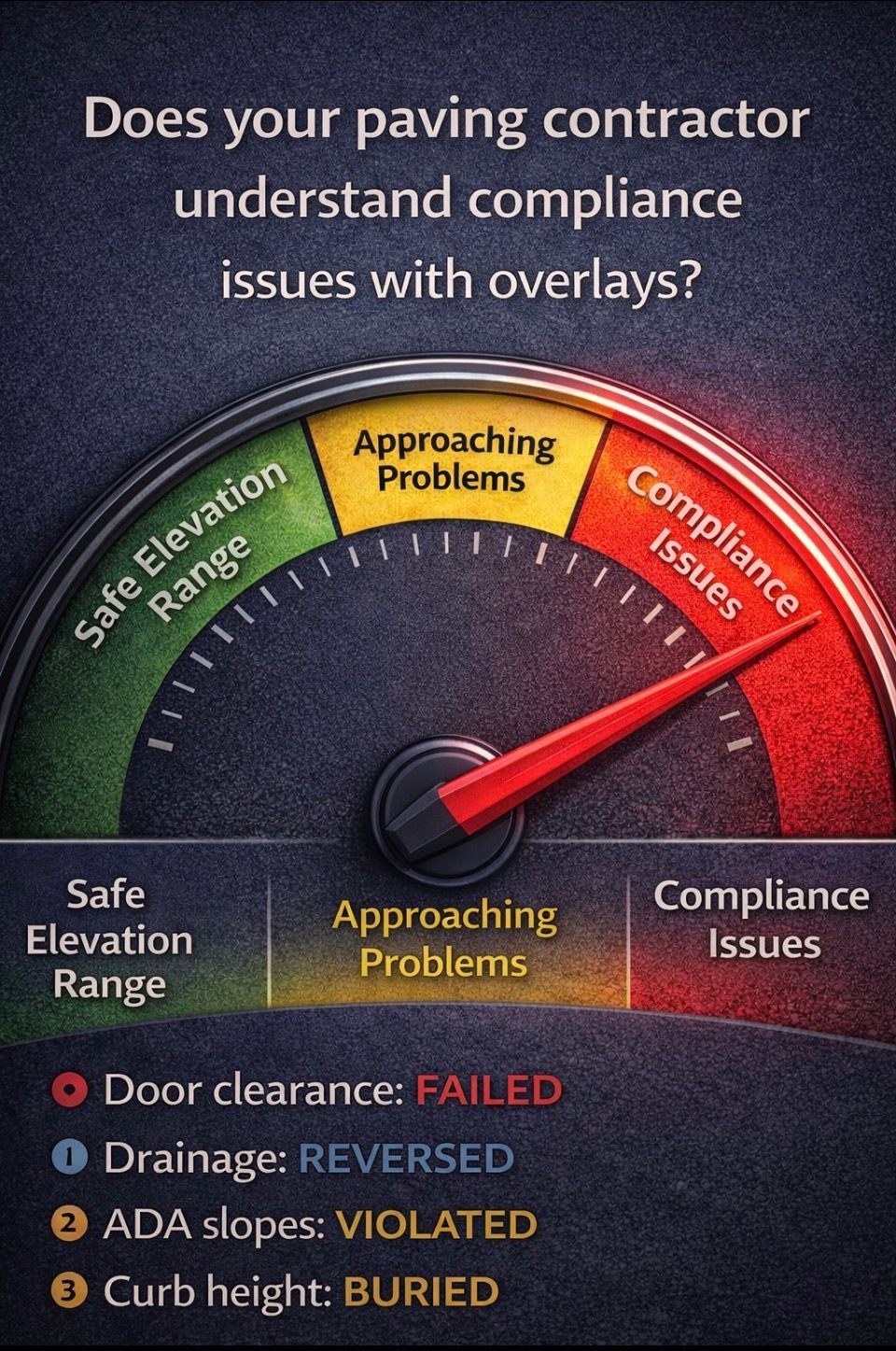 Gauge graphic about paving contractor compliance issues with overlays: door clearance failed, drainage reversed, ADA slope violated.