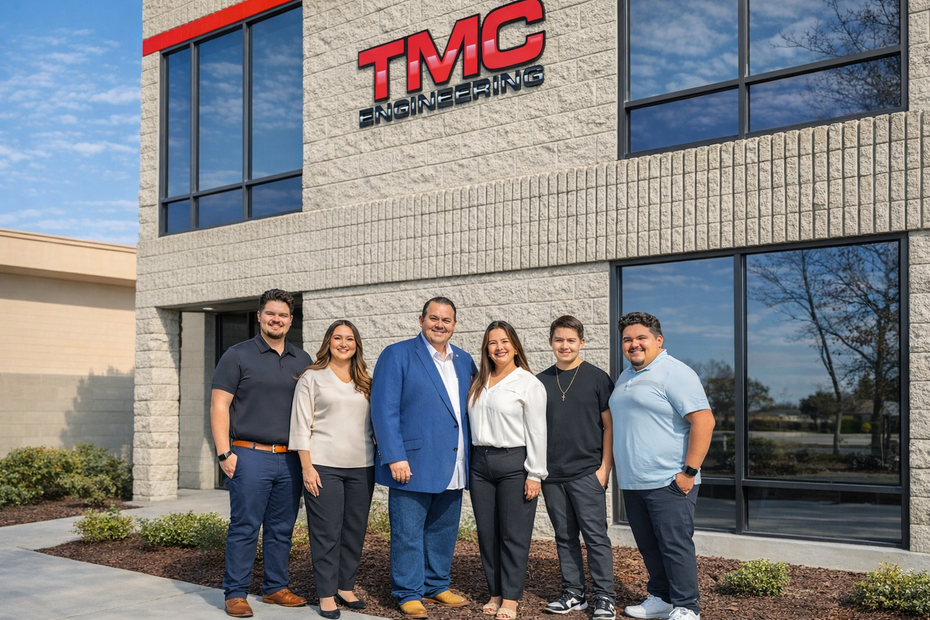 Five people standing outside a TMC office building with large windows and brick walls