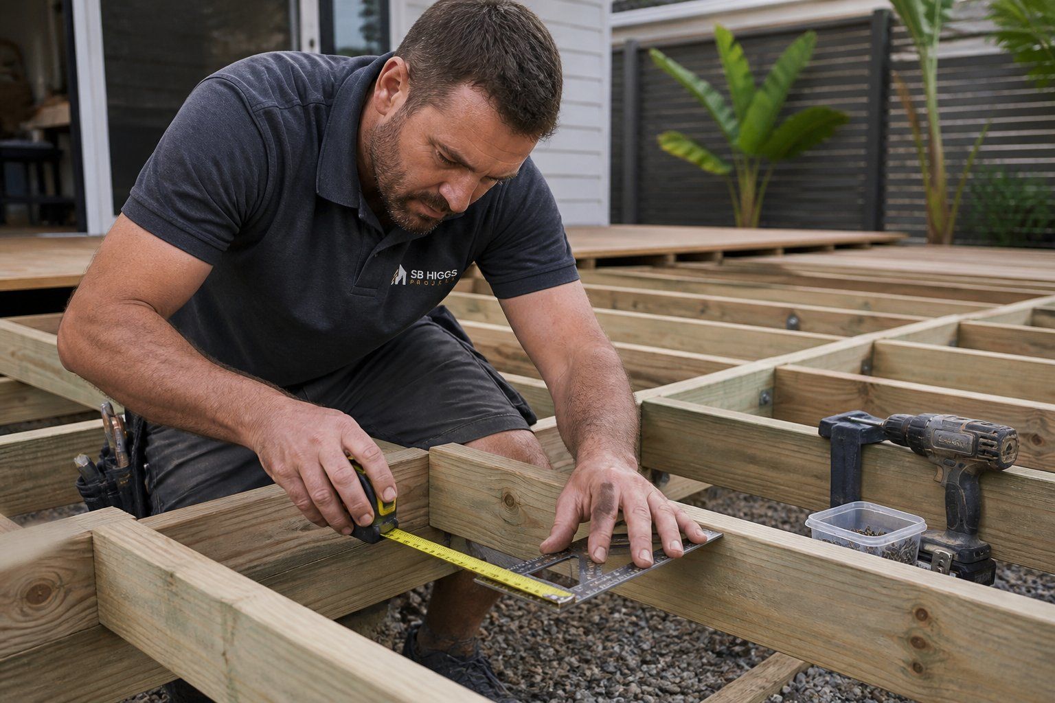 Worker measuring wooden framing for a deck foundation outdoors