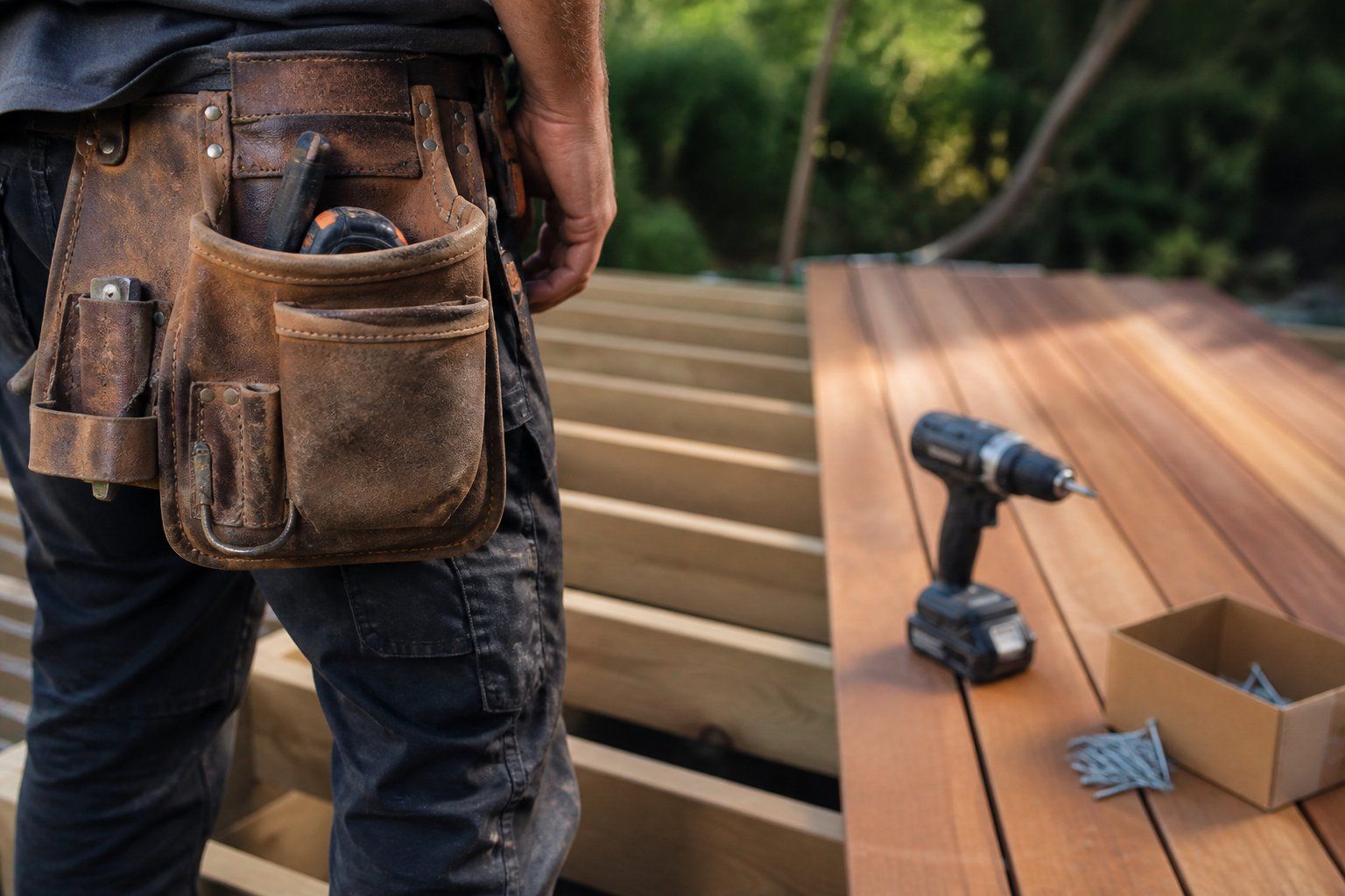 Construction worker with tool belt beside cordless drill and screws on a wooden deck staircase