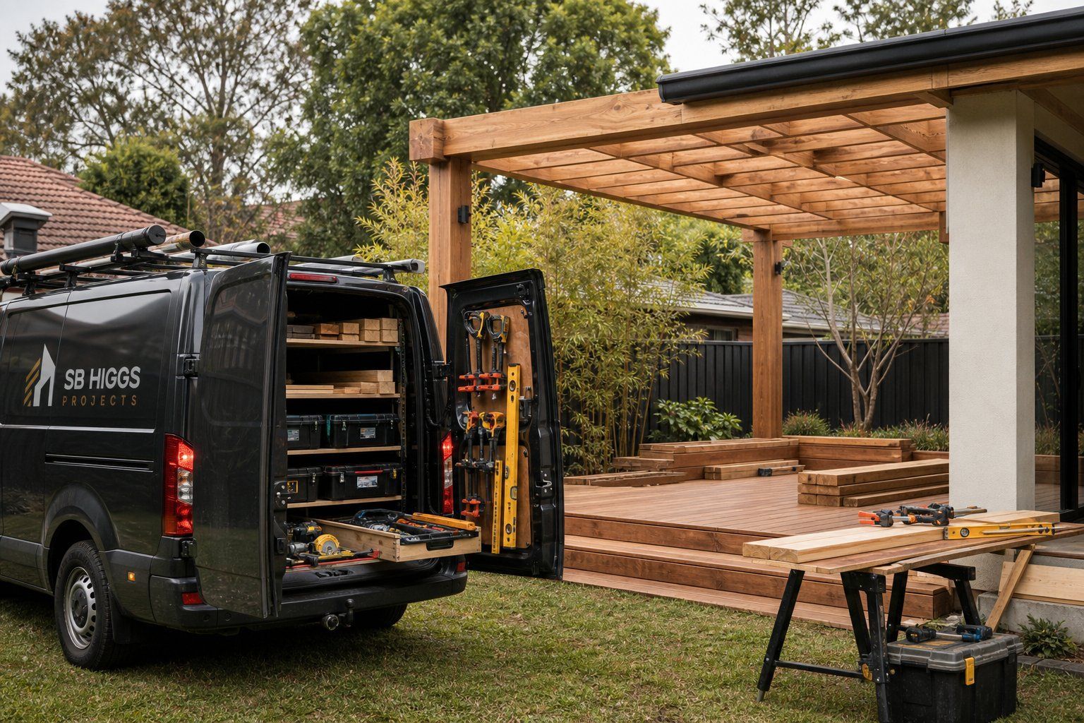 Black service van beside a wooden pergola, with landscaping tools on a lawn and garden steps nearby
