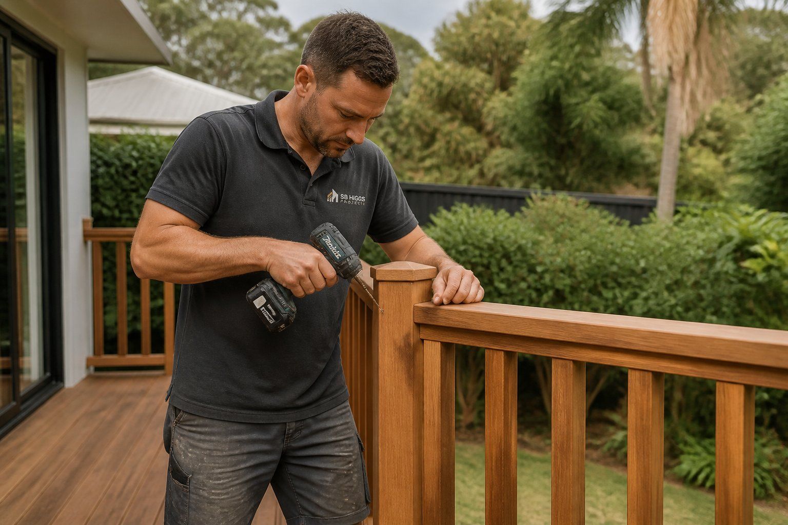 Man sanding a wooden deck railing outdoors with a power sander