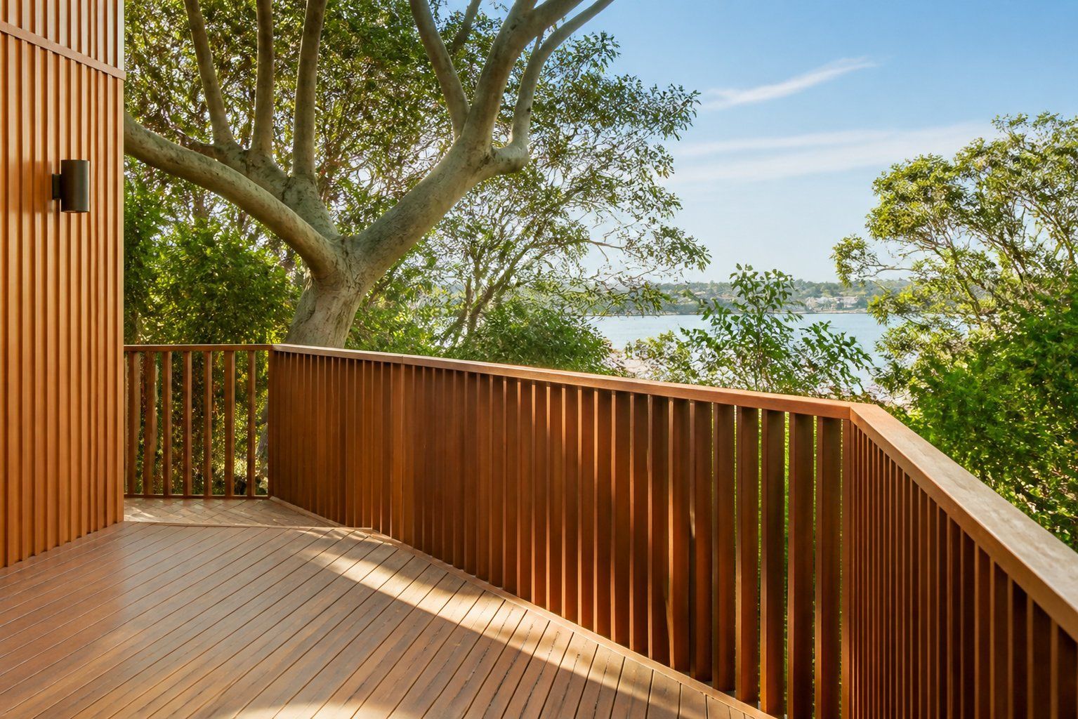 Wooden deck with slatted railing beneath trees, overlooking greenery and water in bright sunlight