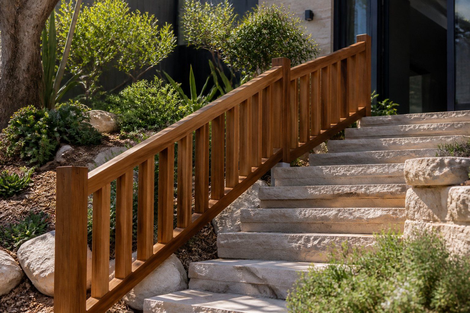 Wooden handrail beside stone steps in a landscaped garden entryway