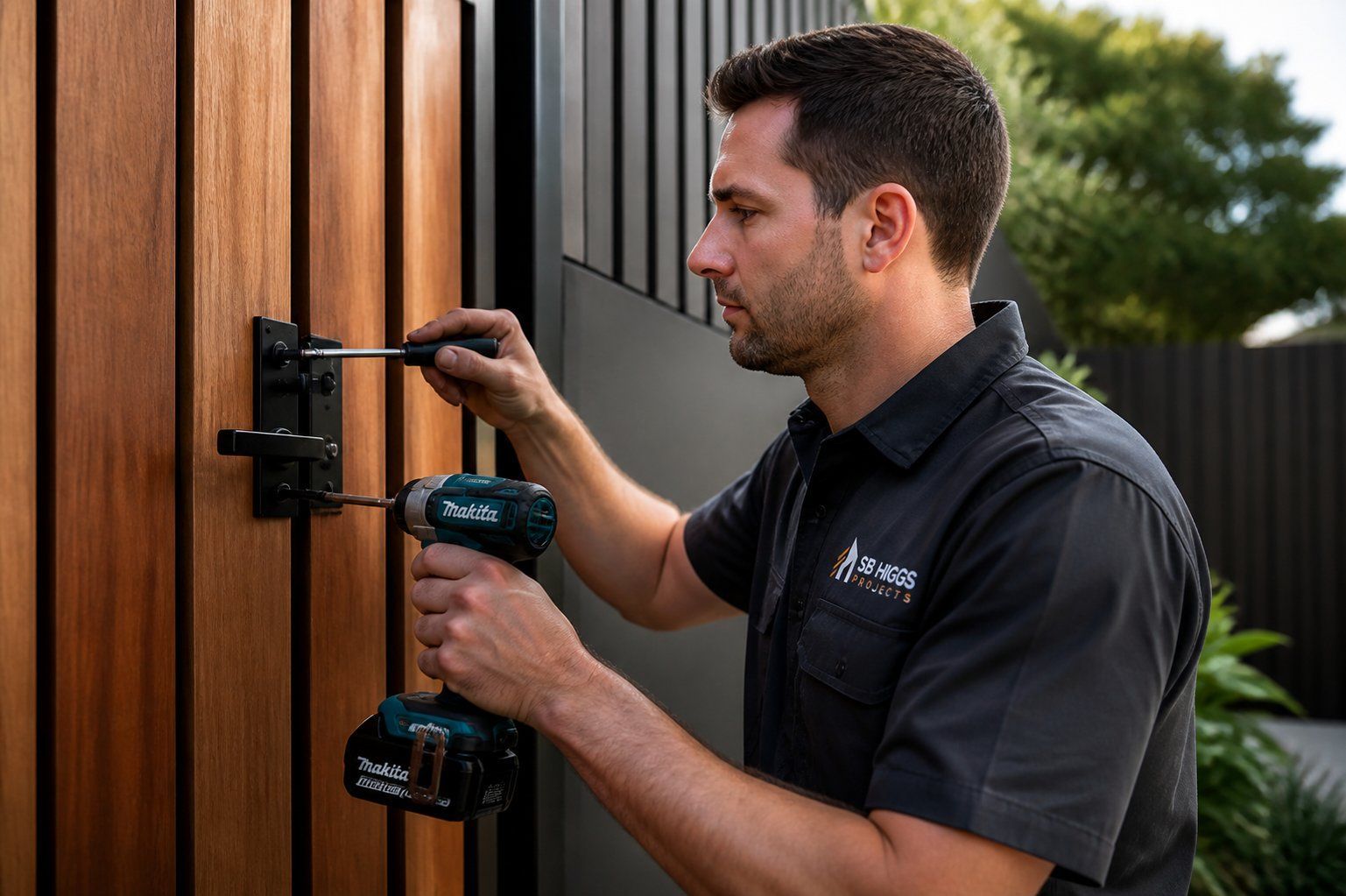 Technician using a drill to install a door hinge on a wooden gate
