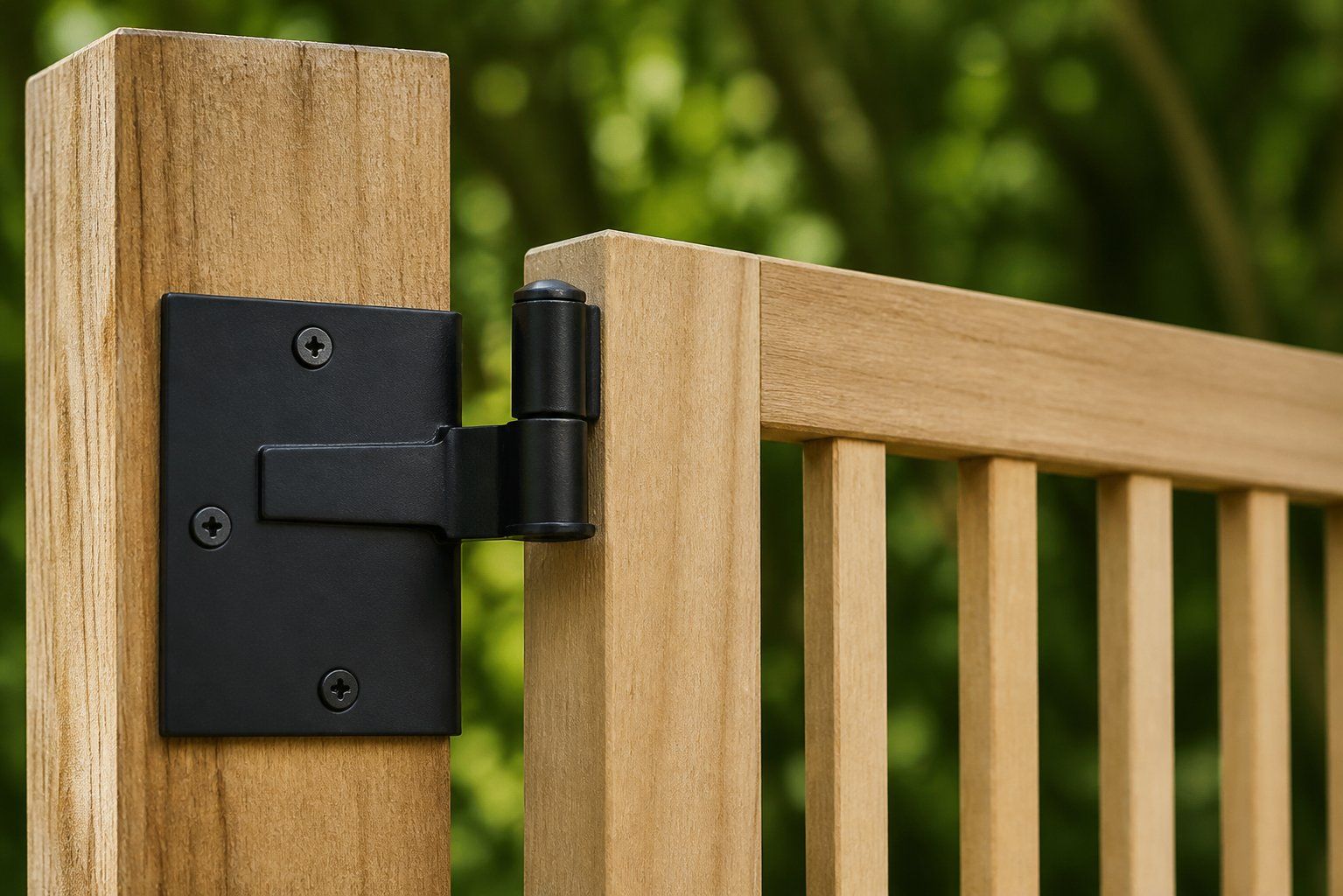 Close-up of a black metal hinge on a light wood fence gate.