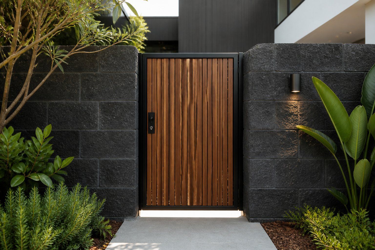 Modern home entrance with a wooden front door, dark stone walls, and lush green plants