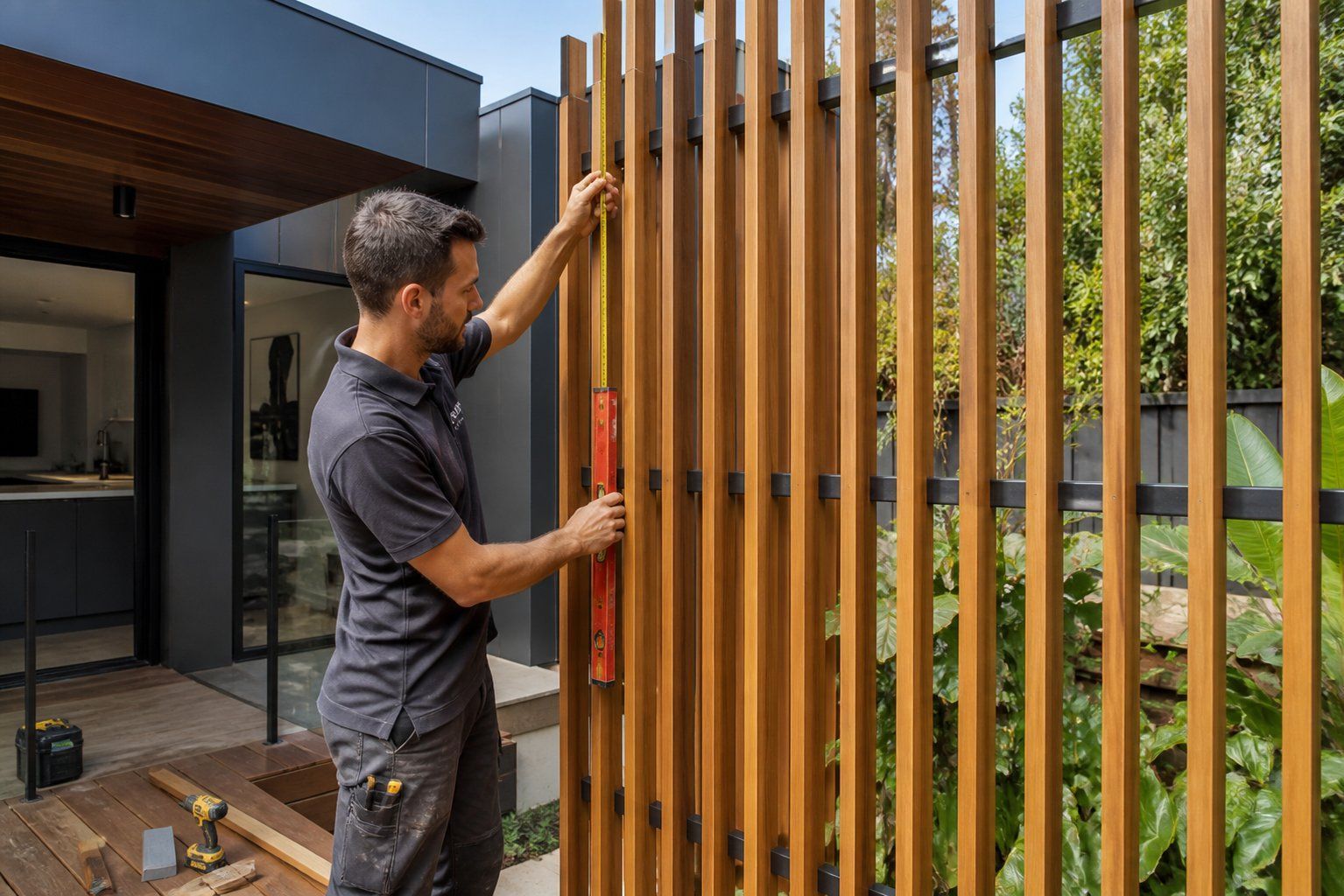Man installing vertical wooden slats on a modern outdoor fence beside a patio