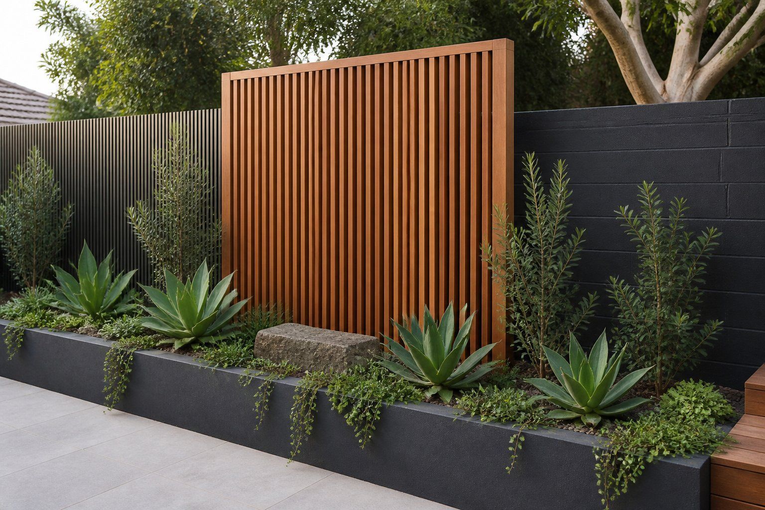 Modern front yard with black planter walls, succulents, and a vertical wooden privacy screen