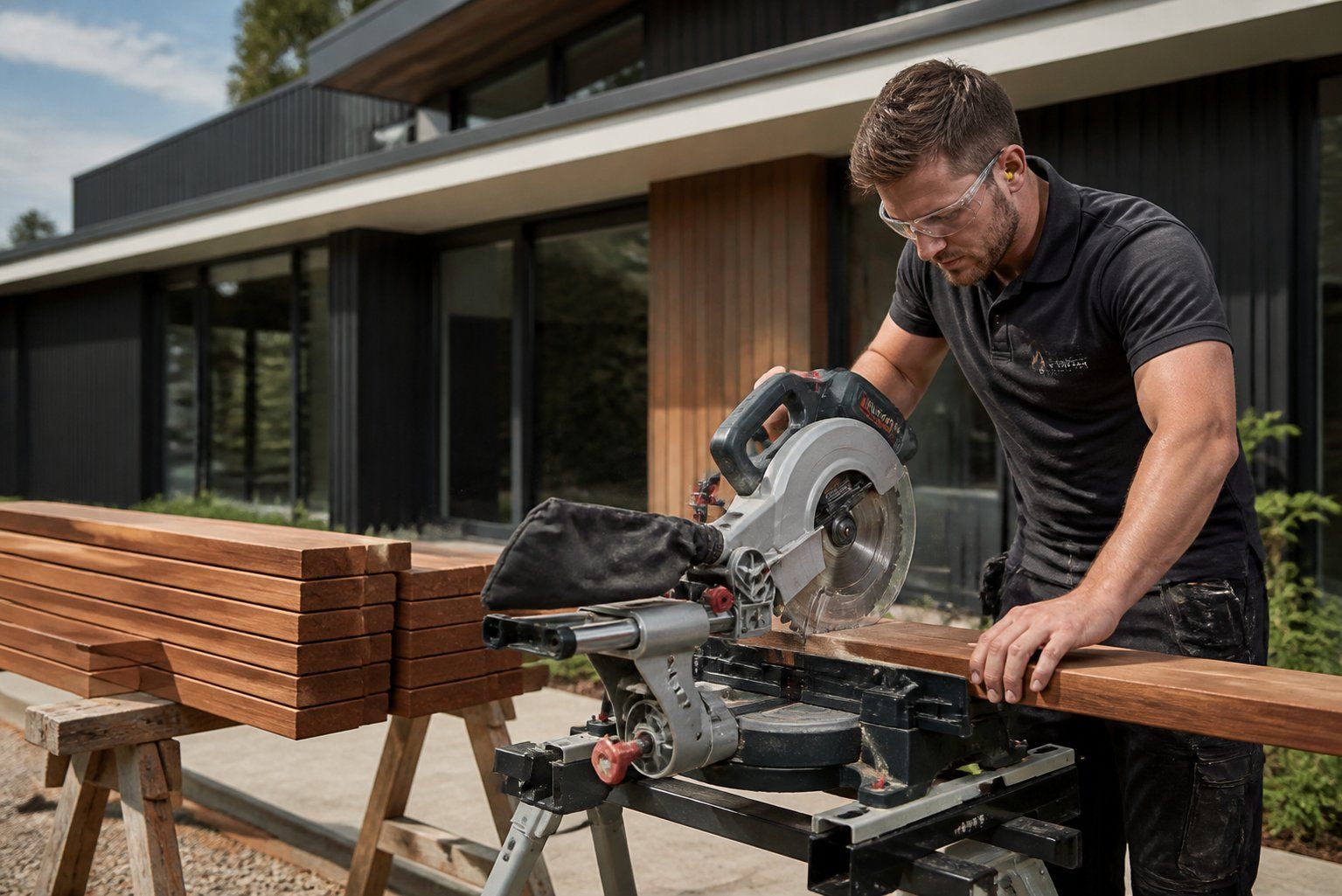 Carpenter cutting wood planks with a miter saw outside a modern house