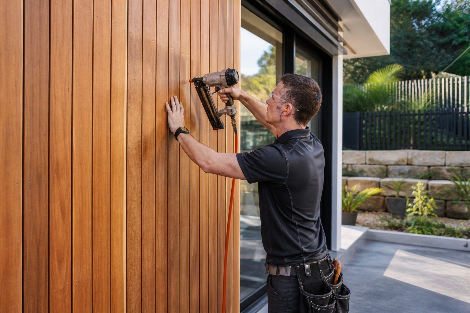 Worker installing vertical wood siding on a house exterior with a power drill