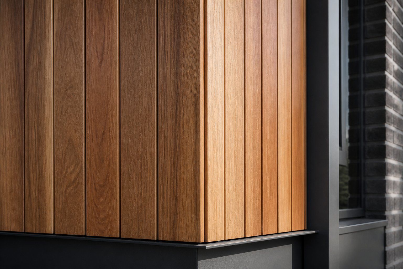 Wood-paneled building corner with vertical slats and a dark windowed facade beside it