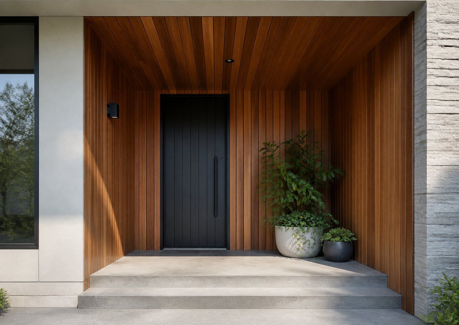 Modern house entryway with dark front door, warm wood cladding, and potted plants on steps