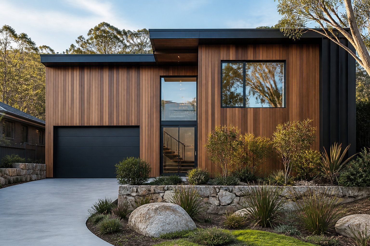 Modern wood-clad house with black garage door, glass entry, and landscaped front yard