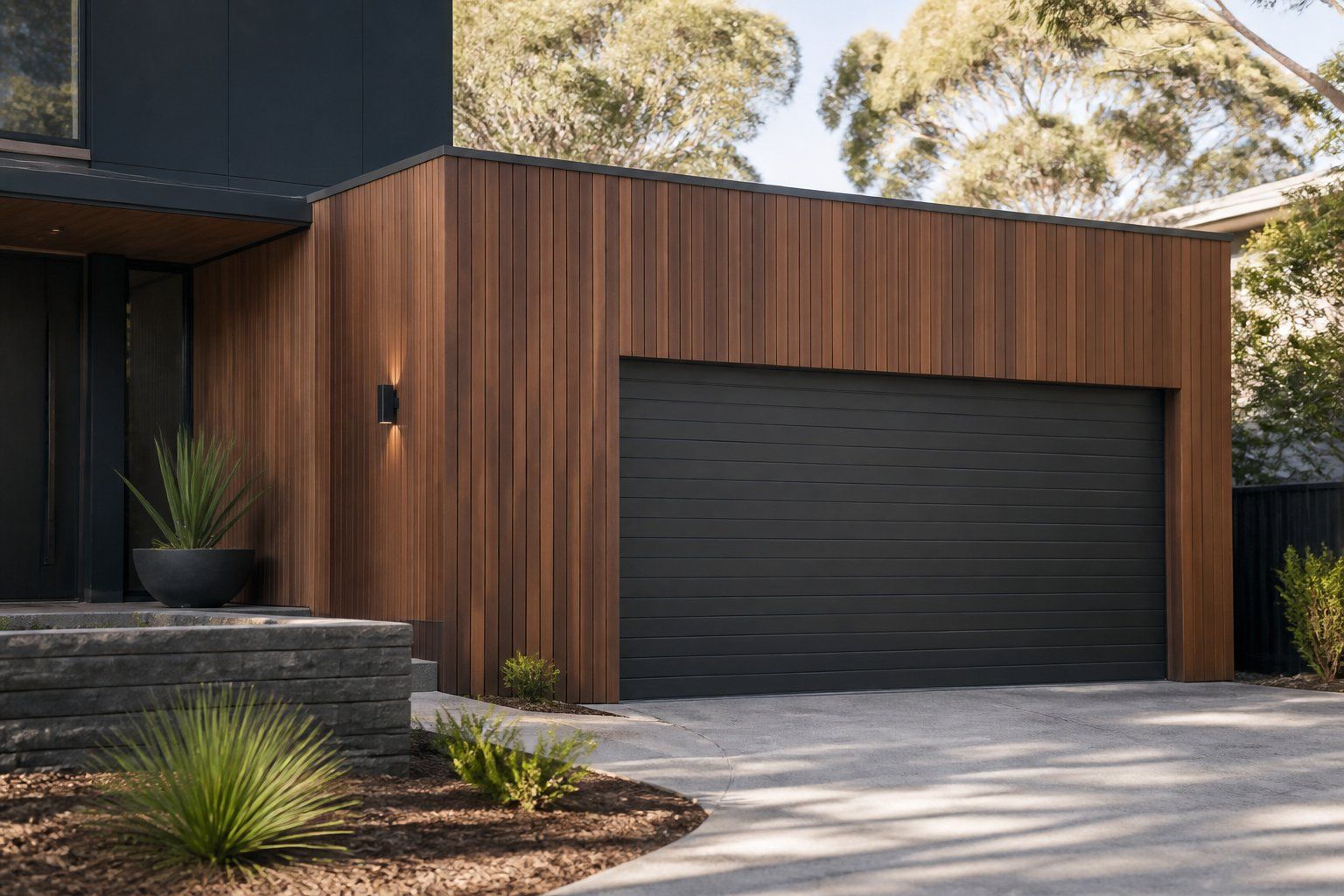 Modern house exterior with wood siding and a black garage door beside a driveway
