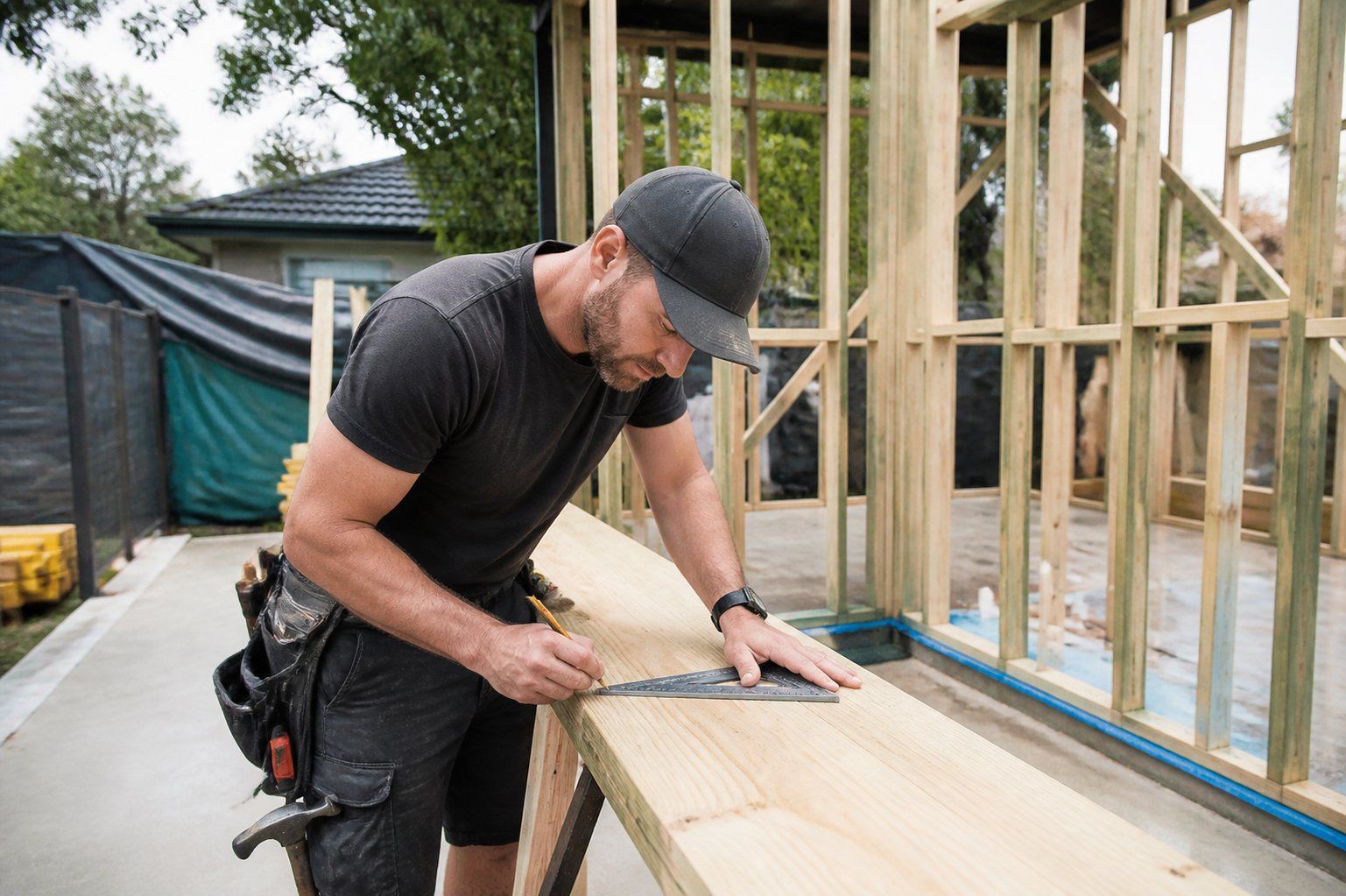 Carpenter measuring and marking a plywood sheet at a house construction site