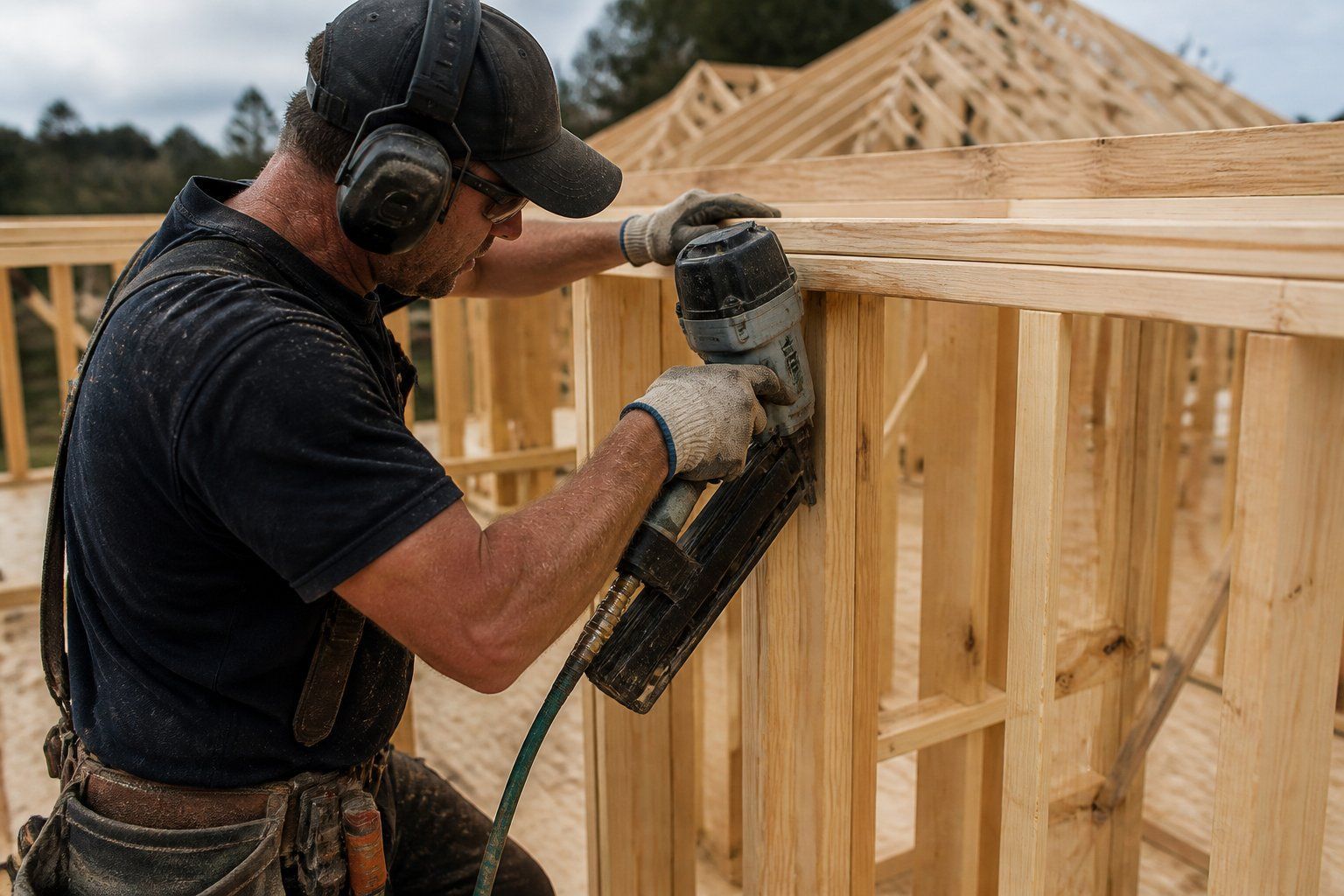 Construction worker using a nail gun on a wooden house frame at a building site
