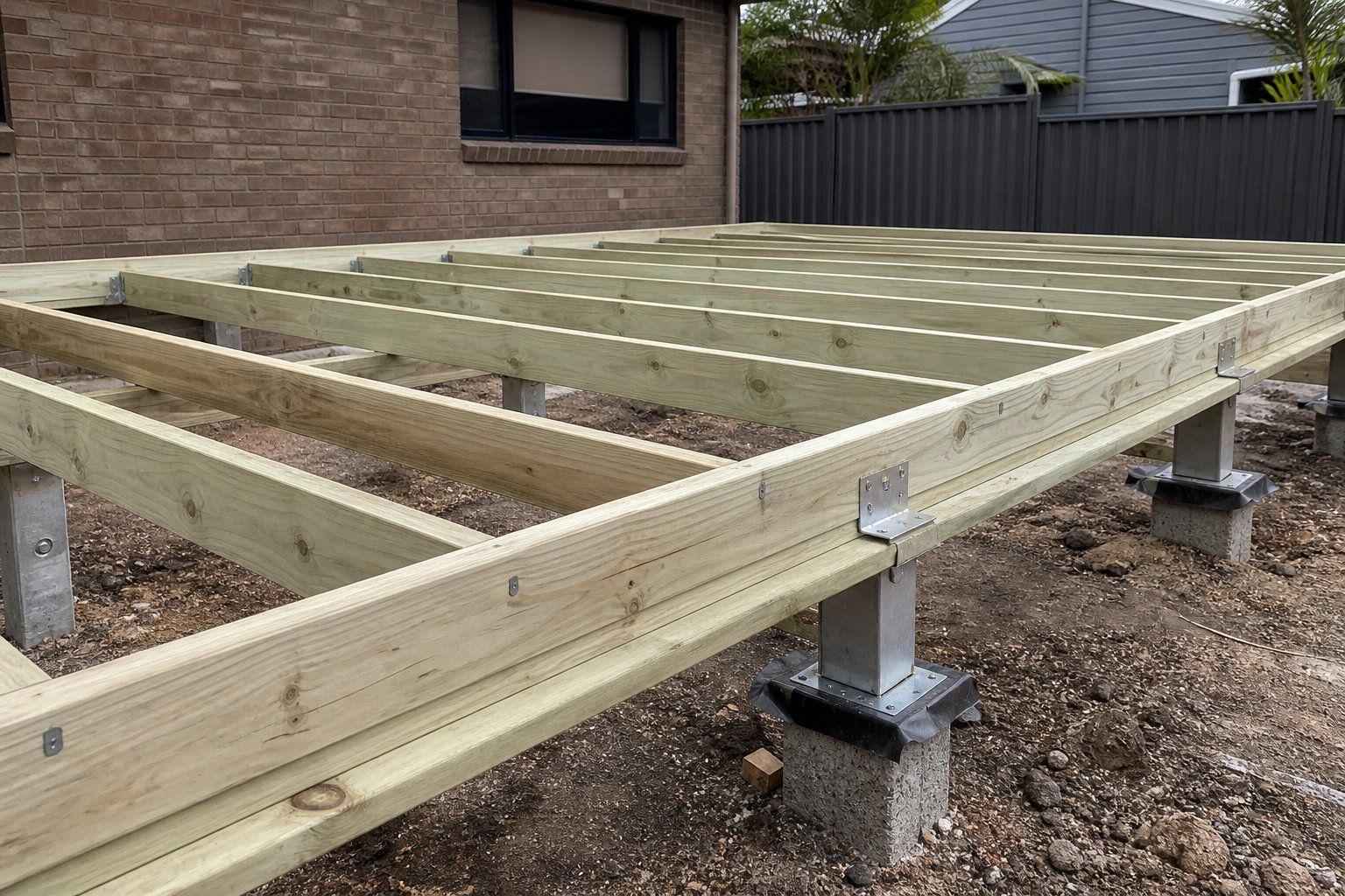 Raised timber house frame on concrete piers in a yard next to a brick home